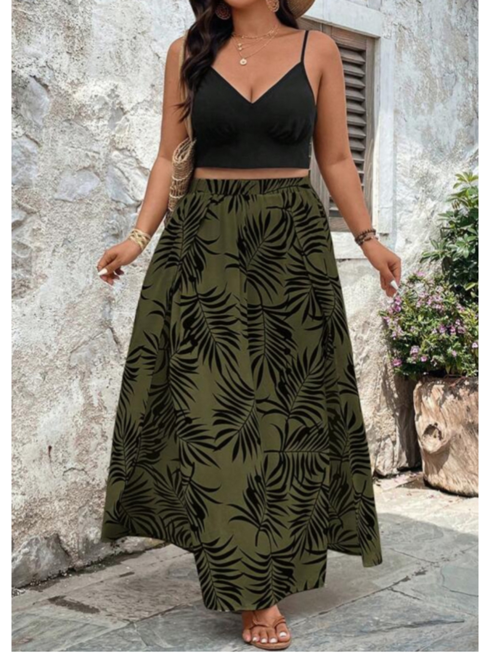Maxi Skirt Top Set Olive Green Black Leaf Print - Picture 3 of 16